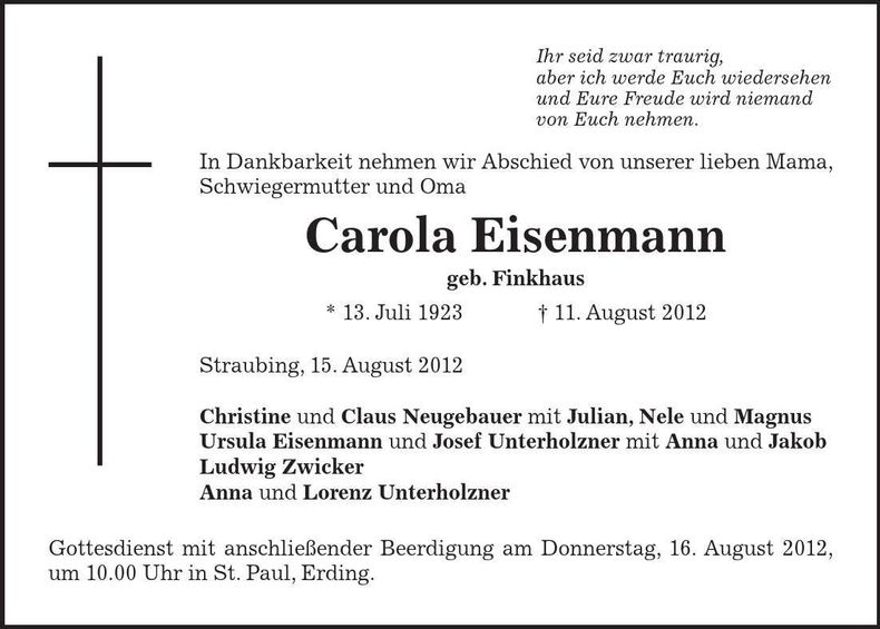Traueranzeige Carola Eisenmann