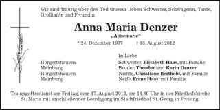 Traueranzeige Anna Maria Denzer
