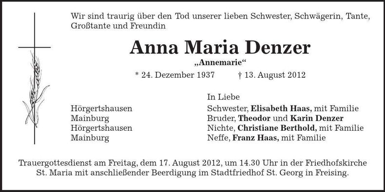 Traueranzeige Anna Maria Denzer