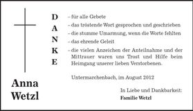 Traueranzeige Anna Wetzl