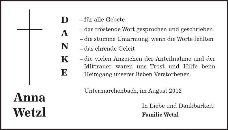 Traueranzeige Anna Wetzl