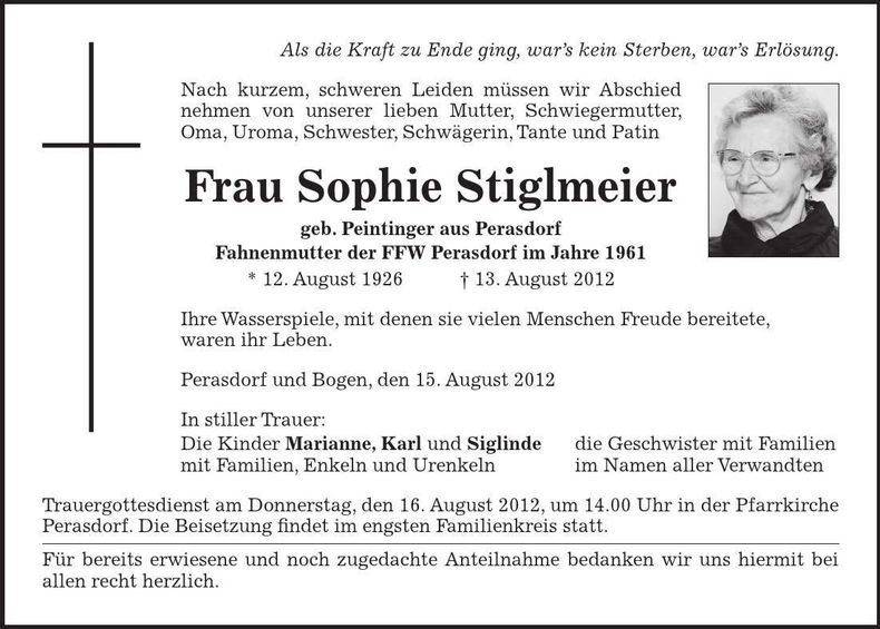 Traueranzeige Sophie Stiglmeier