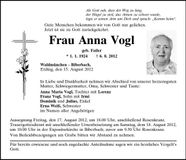 Traueranzeige Anna Vogl