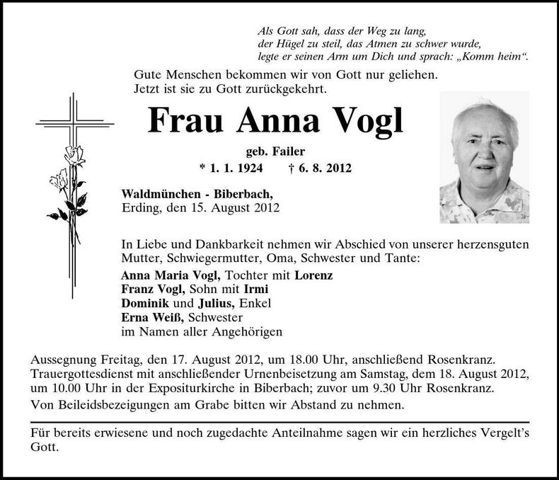 Traueranzeige Anna Vogl