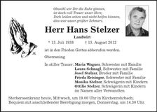 Traueranzeige Hans Stelzer