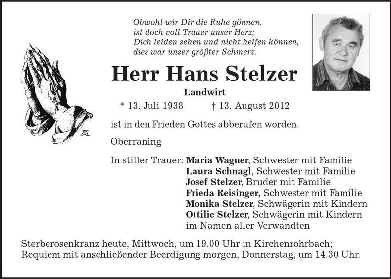 Traueranzeige Hans Stelzer
