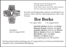 Traueranzeige Ilse Borke