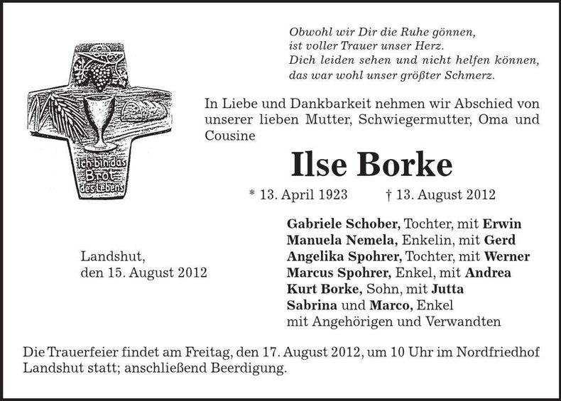 Traueranzeige Ilse Borke