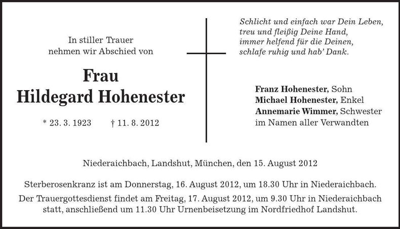 Traueranzeige Hildegard Hohenester
