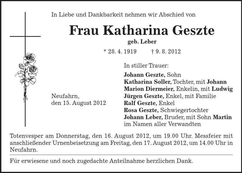 Traueranzeige Katharina Geszte