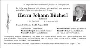 Traueranzeige Johann Bücherl