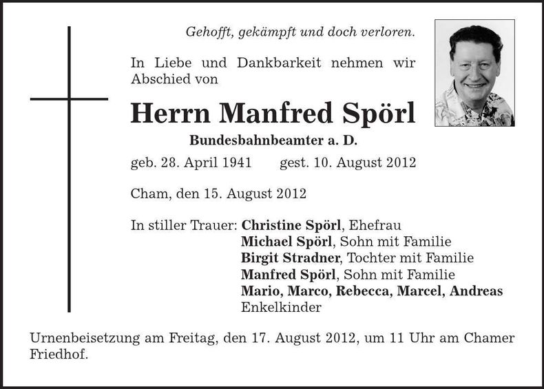 Traueranzeige Manfred Spörl