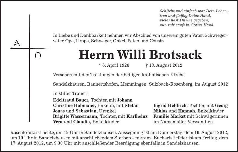 Traueranzeige Willi Brotsack