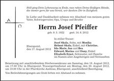 Traueranzeige Josef Pfeiffer