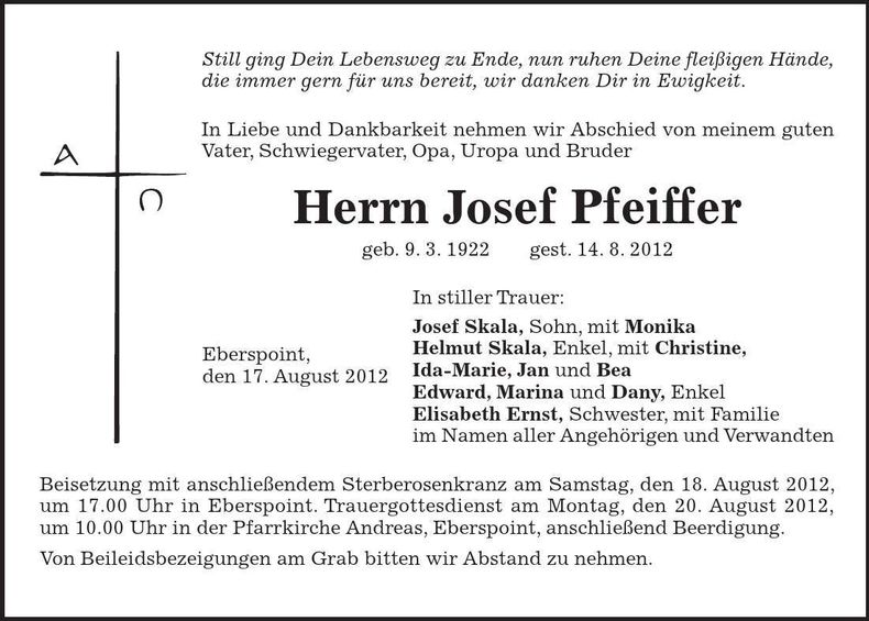 Traueranzeige Josef Pfeiffer
