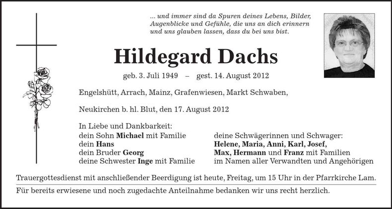 Traueranzeige Hildegard Dachs