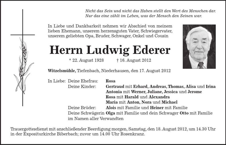 Traueranzeige Ludwig Ederer