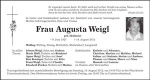 Traueranzeige Augusta Weigl