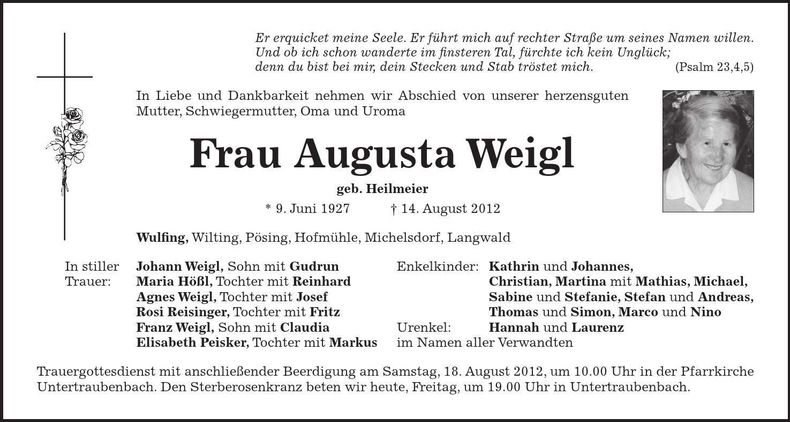 Traueranzeige Augusta Weigl