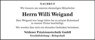 Traueranzeige Willi Weigand