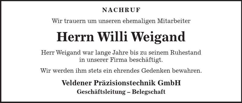 Traueranzeige Willi Weigand