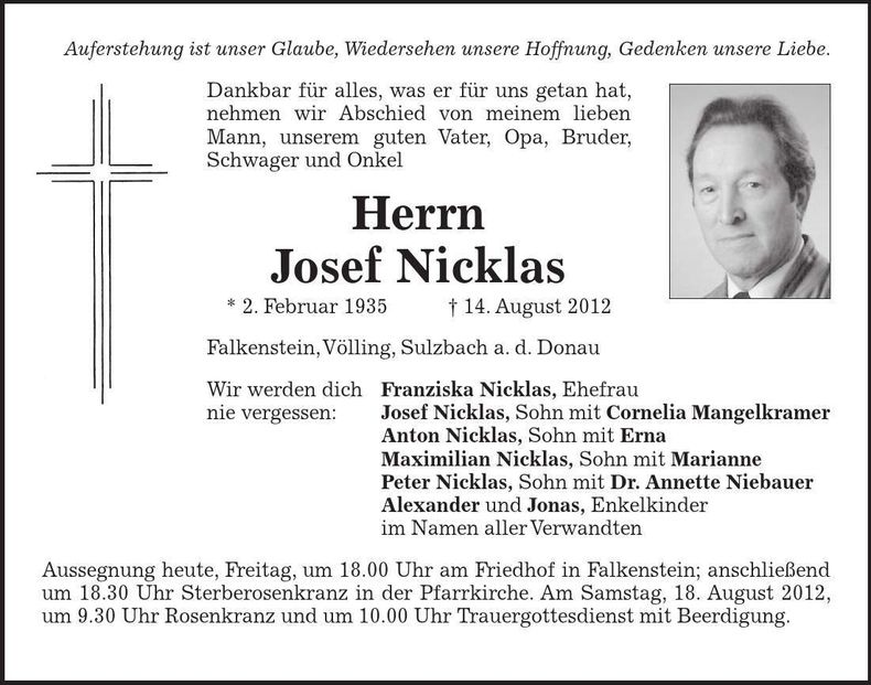 Traueranzeige Josef Nicklas