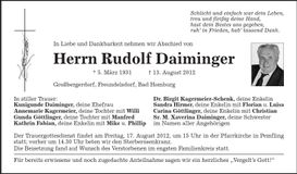 Traueranzeige Rudolf Daiminger