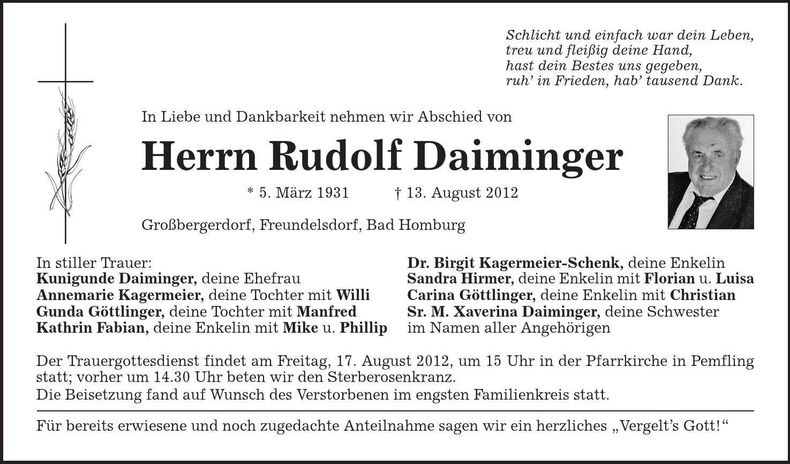Traueranzeige Rudolf Daiminger