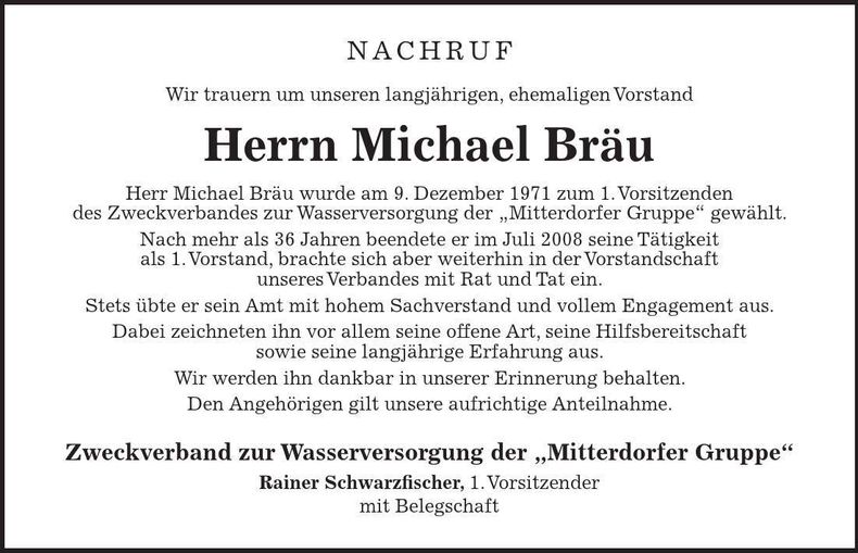 Traueranzeige Michael Bräu