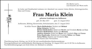 Traueranzeige Maria Klein
