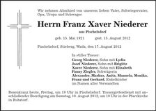 Traueranzeige Franz Xaver Niederer