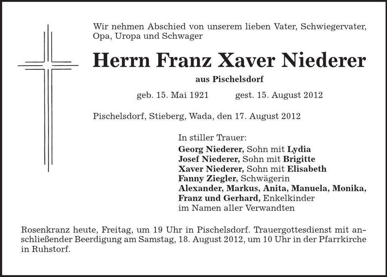 Traueranzeige Franz Xaver Niederer