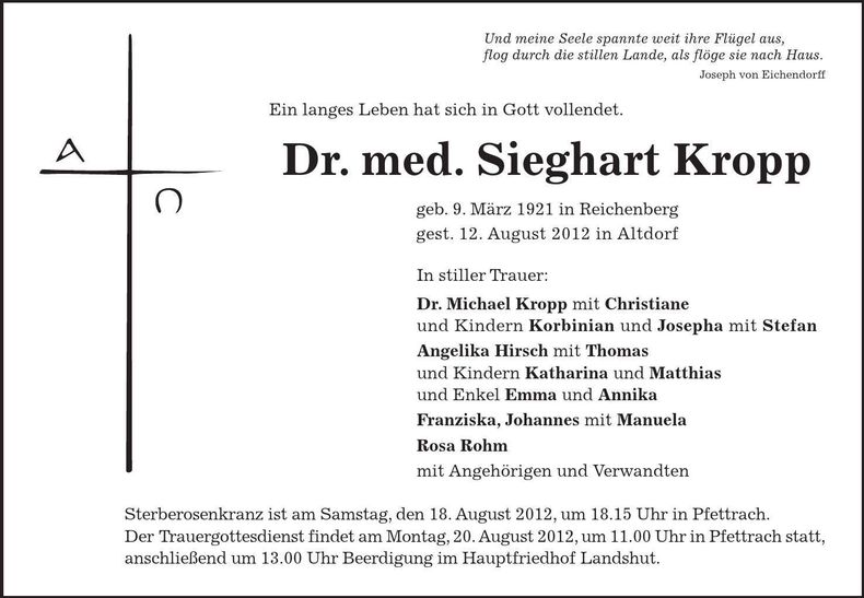 Traueranzeige Sieghart Kropp