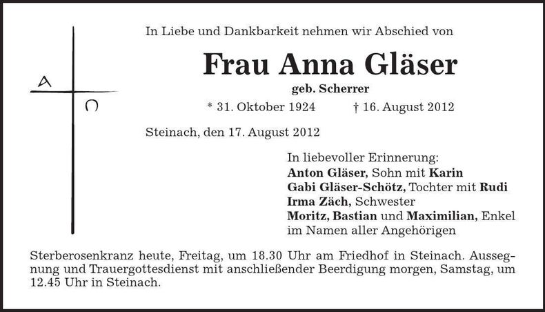 Traueranzeige Anna Gläser