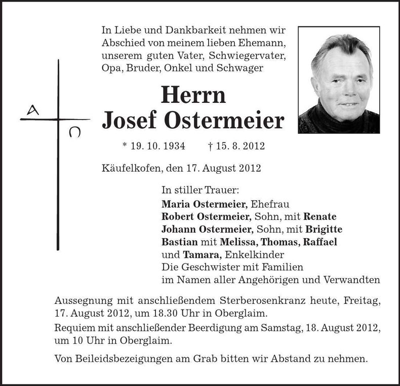 Traueranzeige Josef Ostermeier