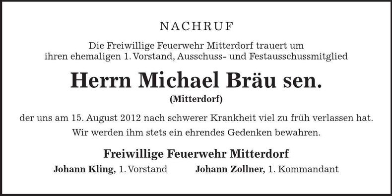 Traueranzeige Michael Bräu