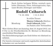 Traueranzeige Rudolf Cziharsch