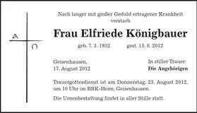 Traueranzeige Elfriede Königbauer