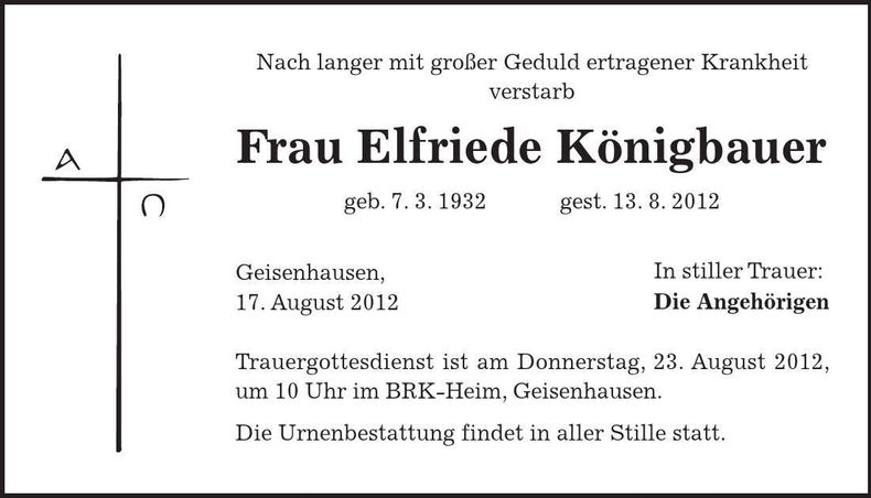 Traueranzeige Elfriede Königbauer