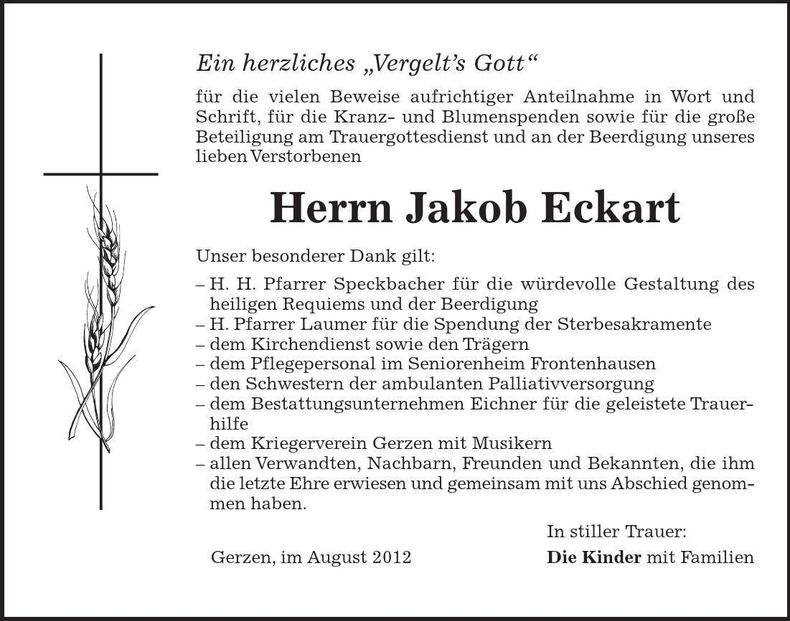 Traueranzeige Jakob Eckart