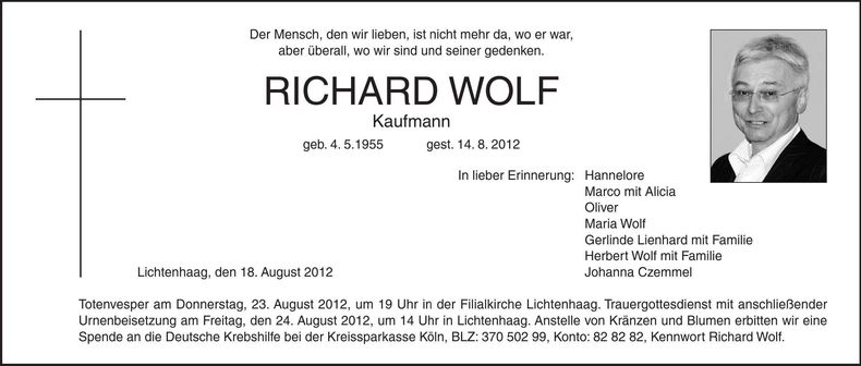 Traueranzeige Richard Wolf