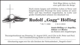 Traueranzeige Rudolf Höfling
