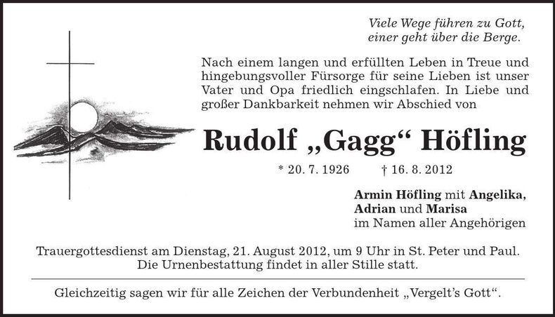 Traueranzeige Rudolf Höfling