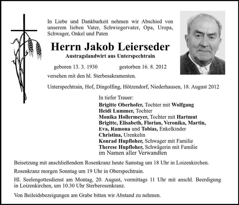 Traueranzeige Jakob Leierseder