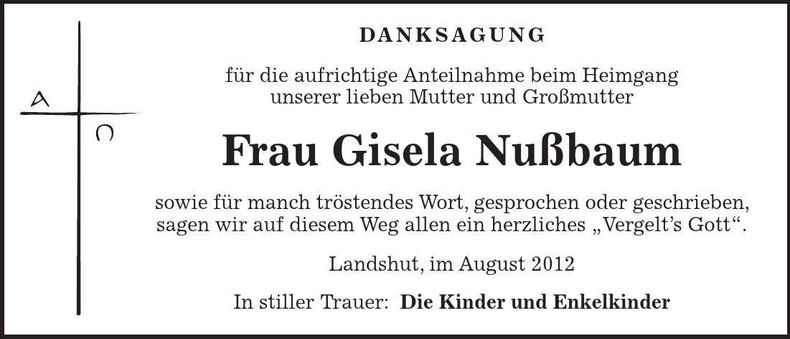 Traueranzeige Gisela Nußbaum