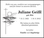 Traueranzeige Juliane Geißl