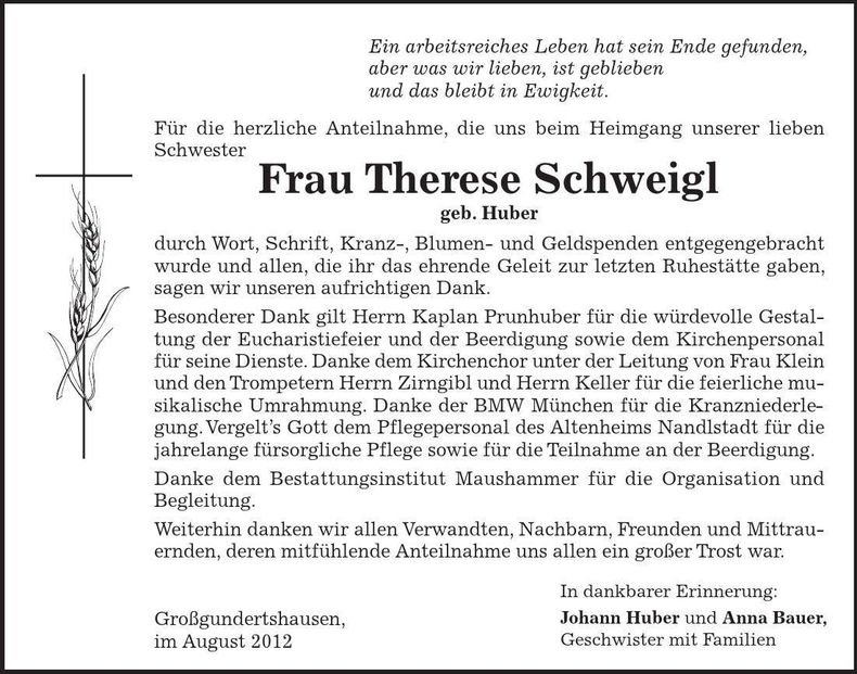Traueranzeige Therese Schweigl