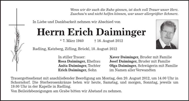 Traueranzeige Erich Daiminger