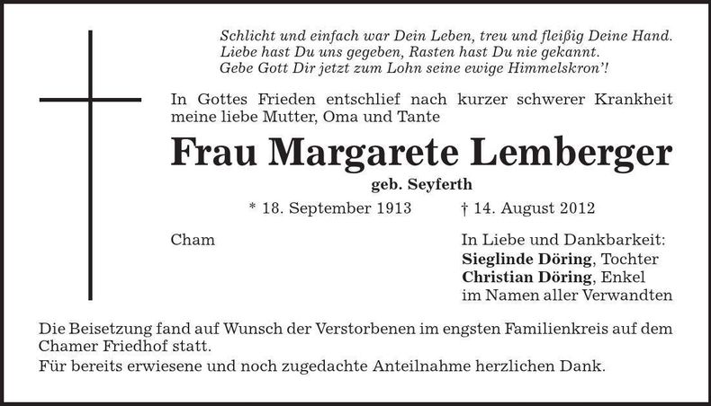 Traueranzeige Margarete Lemberger