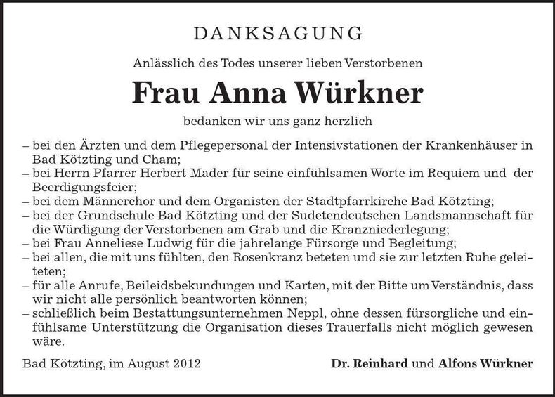 Traueranzeige Anna Würkner